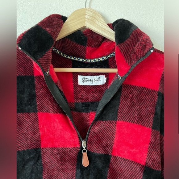 NWOT Pink Lily Glittering South Red Buffalo Plaid
Quarter Zip Pullover - Picture 6 of 7
